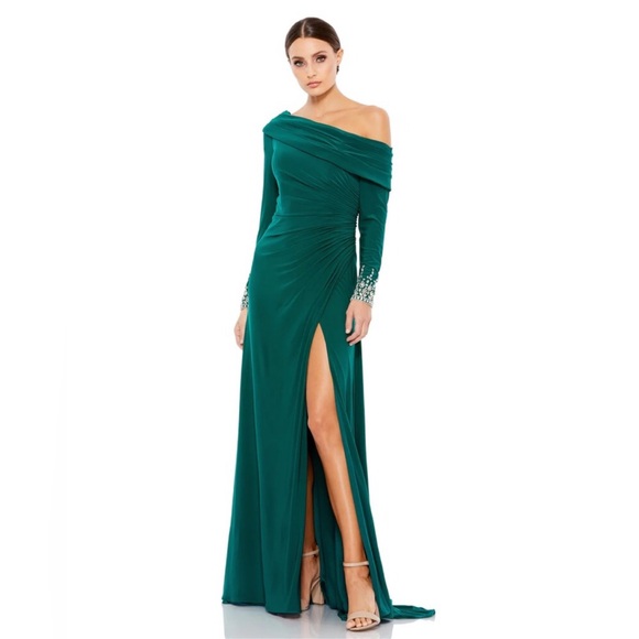 Mac Duggal Beaded cuff drop shoulder faux wrap gown - Picture 1 of 15